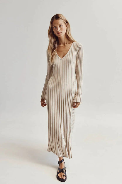 Yulenis™️ V-Neck Sleeved Knit Midi Dress
