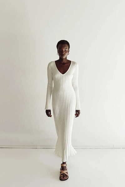 Yulenis™️ V-Neck Sleeved Knit Midi Dress