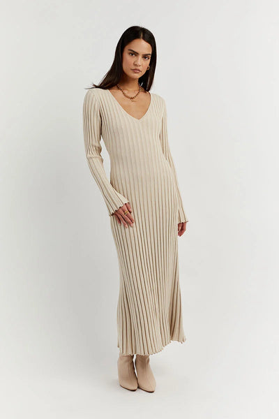Yulenis™️ V-Neck Sleeved Knit Midi Dress